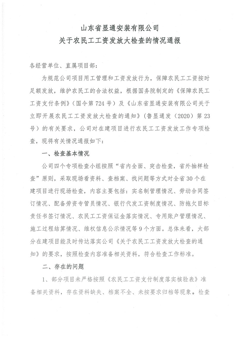 乐鱼(中国)关于农民工工资发放大检查的情况通报